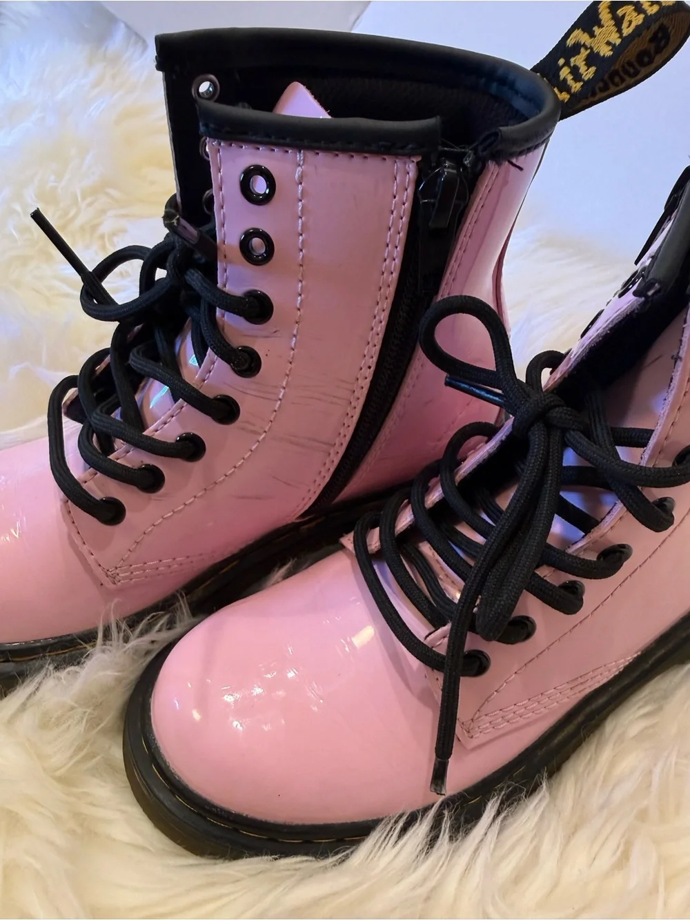 Dr. Martens Pink Patent Lace-Up Combat Boots with Black Laces kids